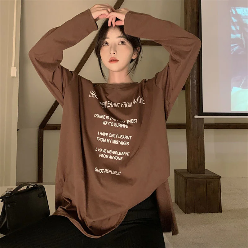 

Full Letter Printedoversized T-shirt Brown Black Summer Spring Long Sleeve Women Tee