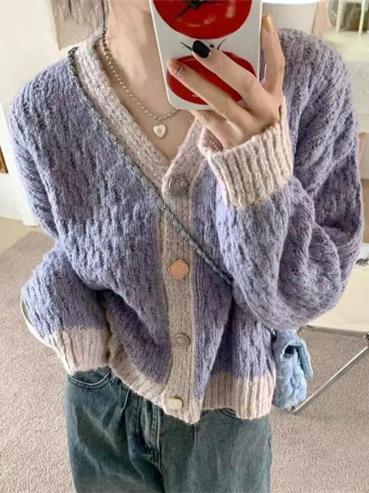 

Женский однобортный Кардиган, повседневный Свободный кардиган контрастных цветов в стиле пэчворк, свободный свитер в стиле преппи, Y2k