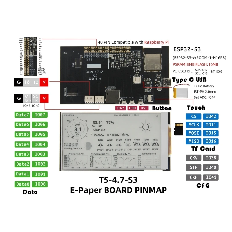 

T5 4.7 Inch E paper V2.3 ESP32-S3 Development Driver Board Display-Module Support TF Arduino-Compatible for Raspberry-Pi