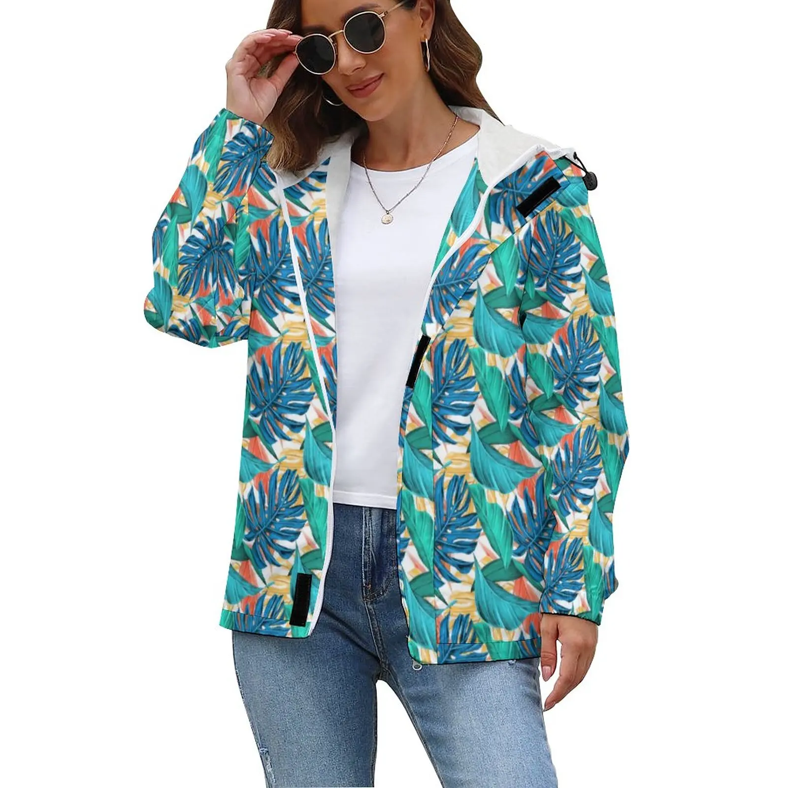 

Куртка женская с тропическим принтом, повседневная утепленная куртка на молнии, с принтом пальмовых листьев, с графическим принтом, зимняя ...
