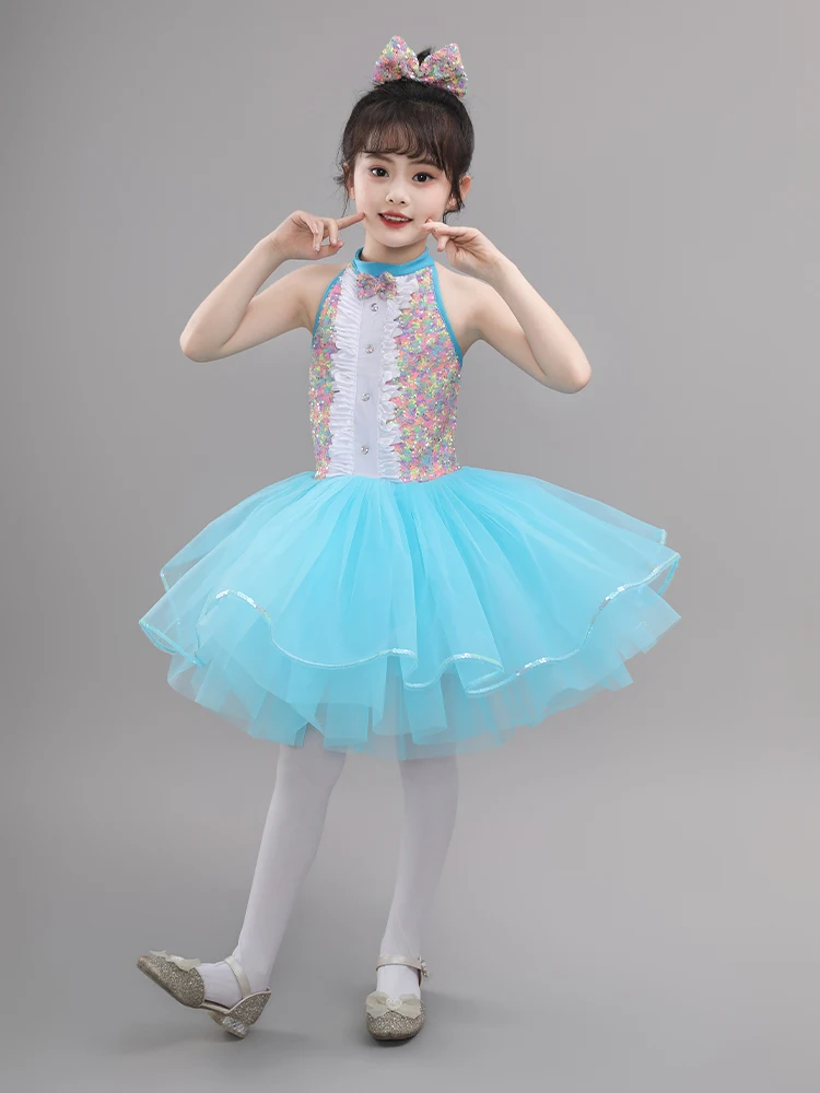 Детская одежда для бальных танцев голубое платье-пачка современных джазовых