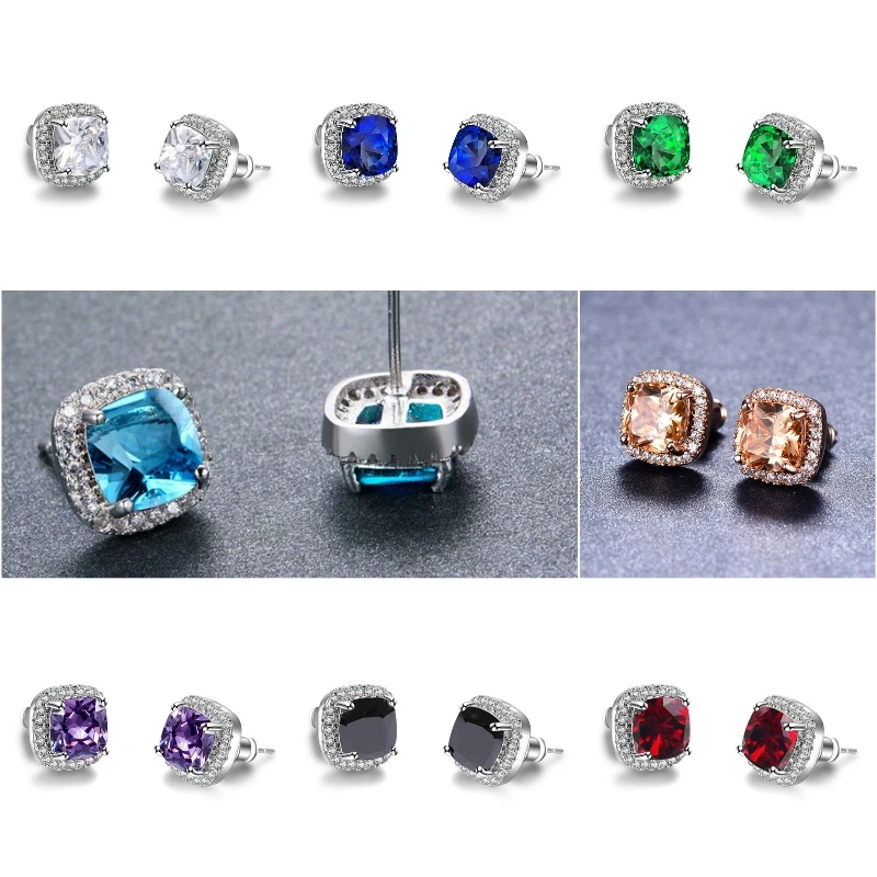 

Elegant Silver Color Prinicess Cut Olive Green Peridot CZ Stud Earrings Square Ear Stud Wedding Engagement Party Jewelry
