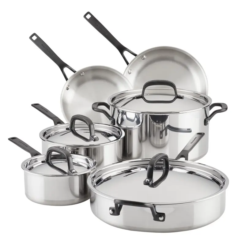 

5-Ply Clad Stainless Steel Cookware Induction Pots and Pans Set, 10-Piece, Polished Stainless Steel
