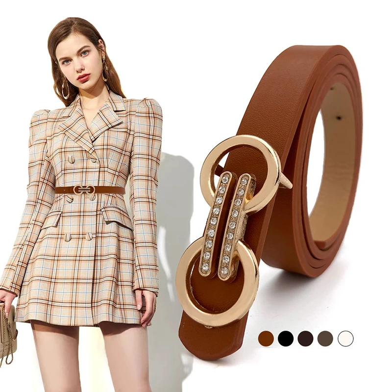 

GOOWAIL Luxury Buckle Design Imitation Diamond Thin Belt For Women Fashion PU Leather Lady Belts Party Club Use Female Waistband