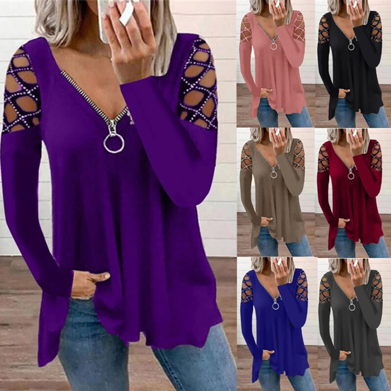 

2022 Autumn Winter Hot Drilling Zipper V Neck Long Sleeve T Shirt Women Sexy Casual Loose Fashion Hollow Out Solid Shirt Top
