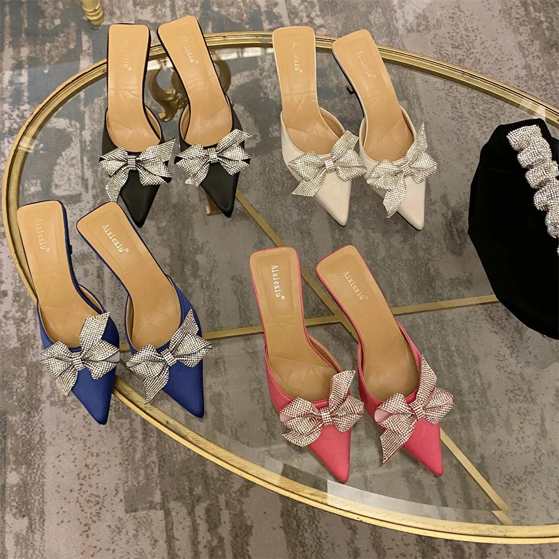 

Rhinestones Bowknot Pointed Toe Thin Heels Mules Women Party Wedding Shoes 2022 Summer Ladies Sexy Elegant Slippers Women Slides