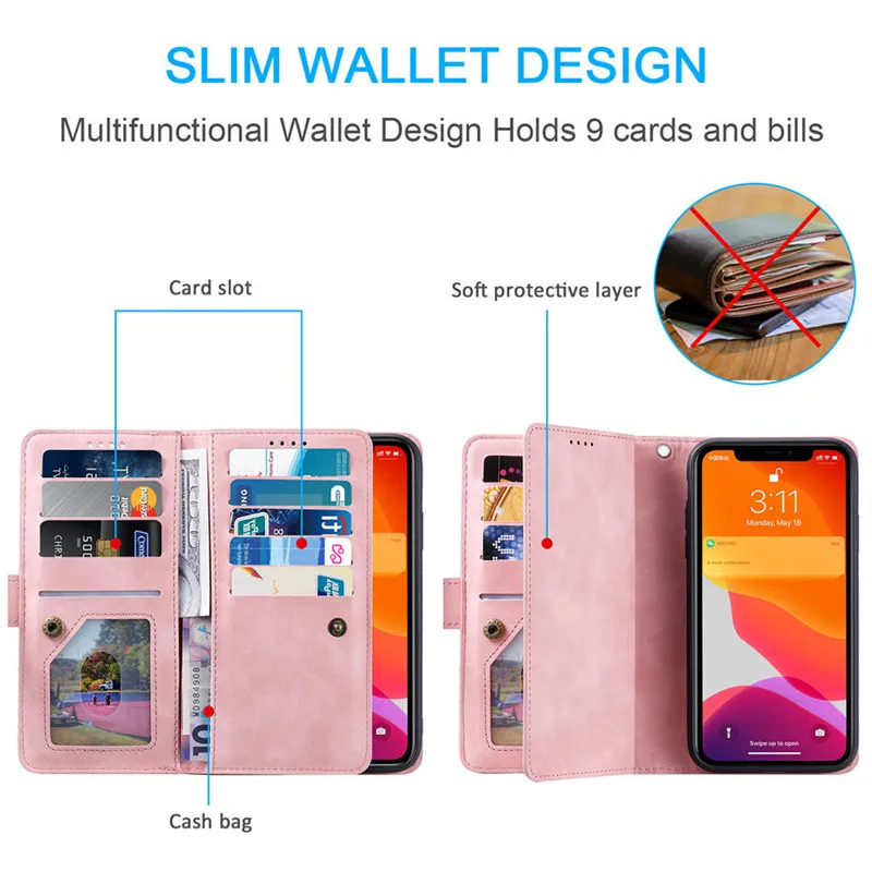 Pixel 8 Pro 5G Multi 9-Card Slot Flip Case For Google Pixel 8 Pro Luxury Leather Texture Wallet Zipper Case for Pixel 8 Cover