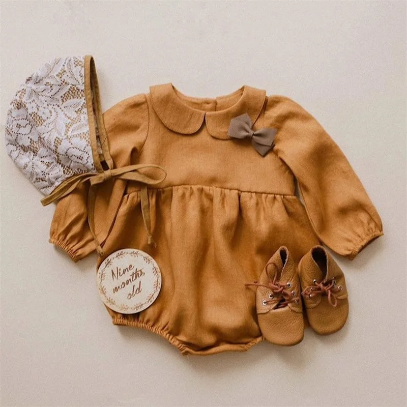 

Autumn Baby Girls Rompers Cute Collar Solid Color Infants Bodysuits Cotton Clothes for Children