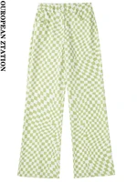 pailete women 2022 fashion printed linen blend wide leg pants vintage high waist zipper fly female trousers mujer
