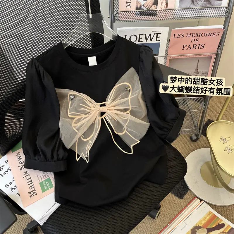 

Summer Black T-shirt Women Mesh Bow Patchwork 2022 Korean Fashion Short Sleeve Tops Tshirts Graphic Tee Mujer Camisetas