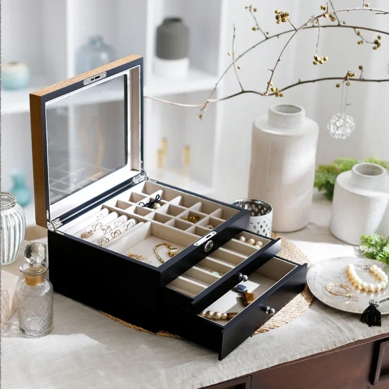 Деревянная шкатулка для украшений коробка хранения серег ящик держатель большой