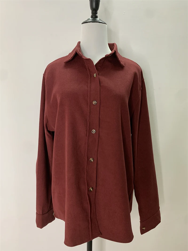 Женская Винтажная Классическая Рубашка Цвета Хаки Повседневная Осенне-зимняя