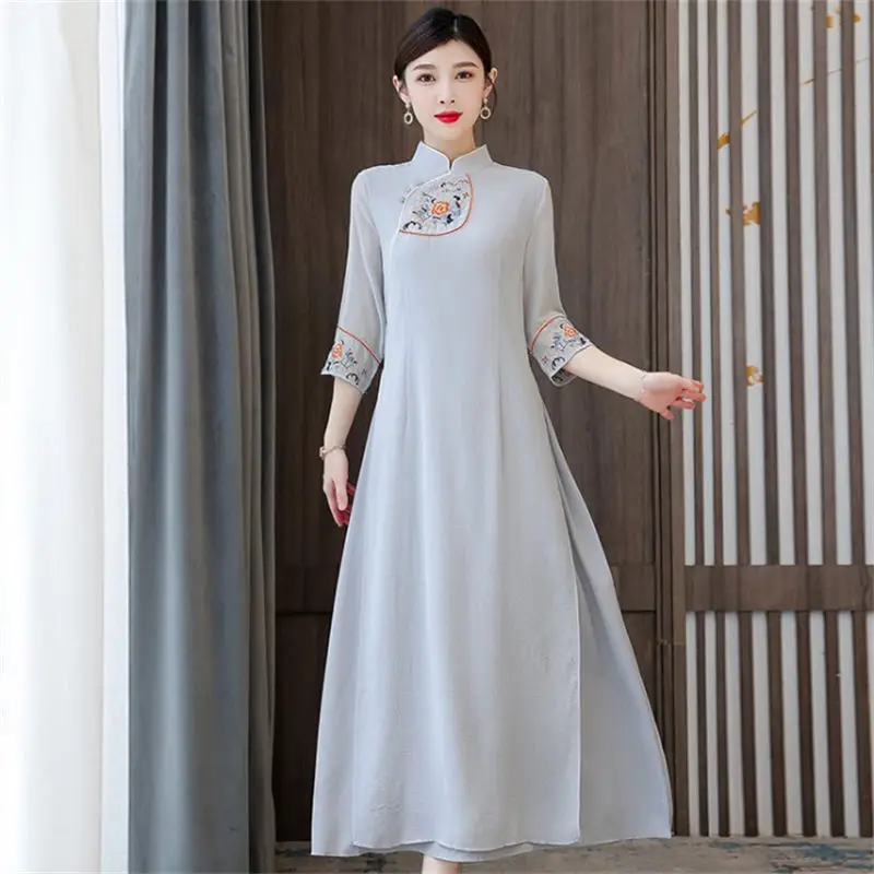 

2022 Summer Chinese Style Aodai Cheongsam Zen Tea Clothes Ethnic Retro Embroidered Dress Stand Collar Elegant Long Qipao h1263