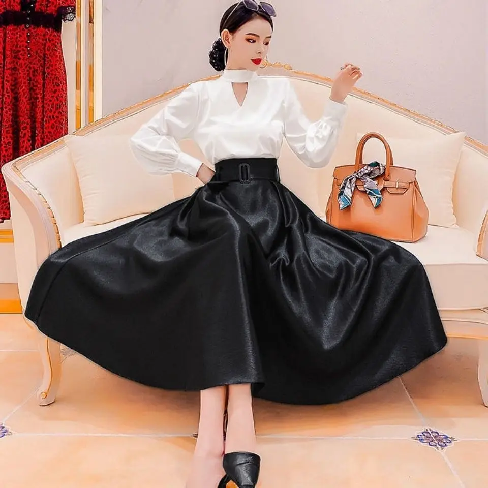 

2022 Women's Spring Fashion Two Piece Sets Female White Long Sleeve Shirt Tops + Long Loose A-line Skirts Ladies Suits D242