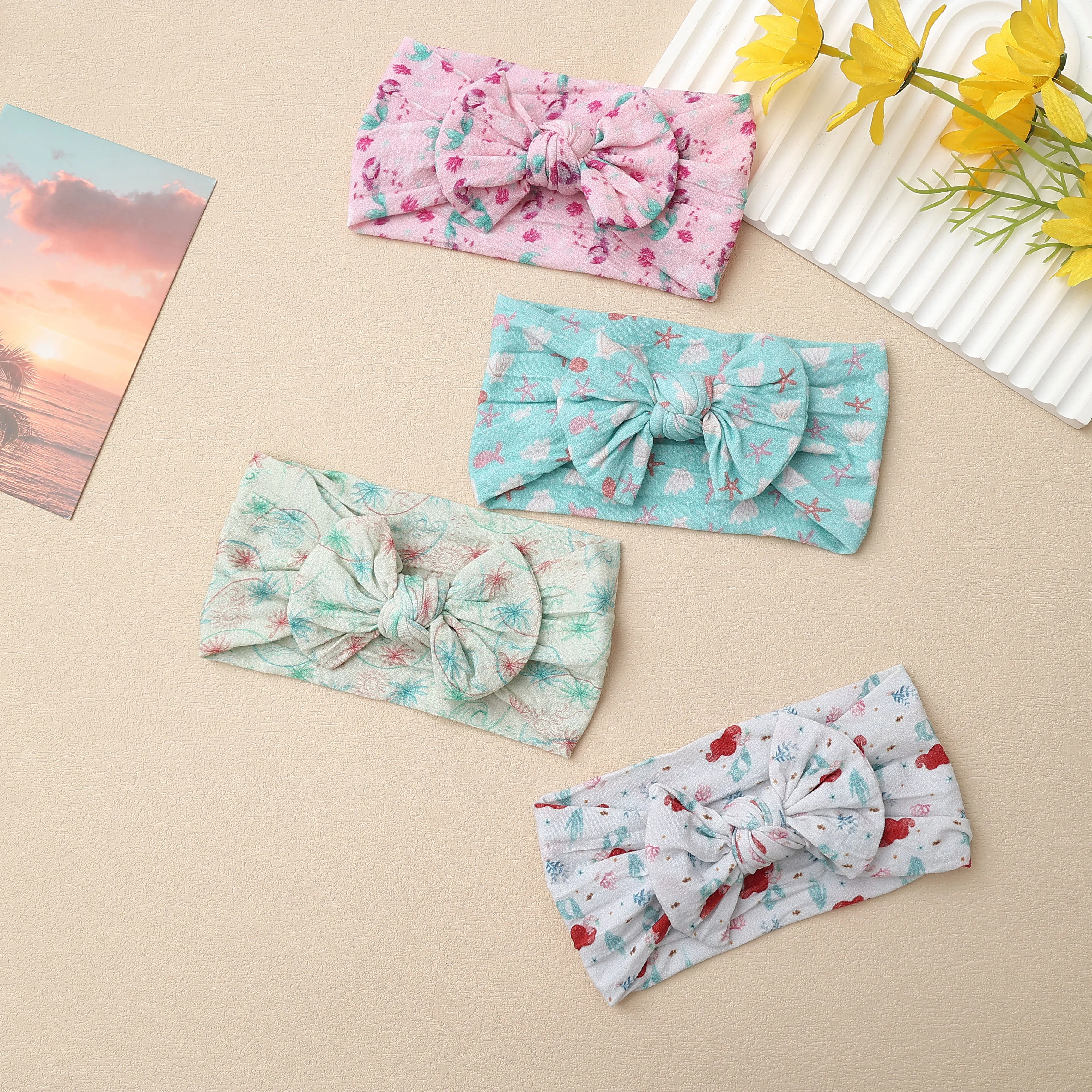 Милые повязки на голову с цветочным принтом для маленьких девочек эластичные