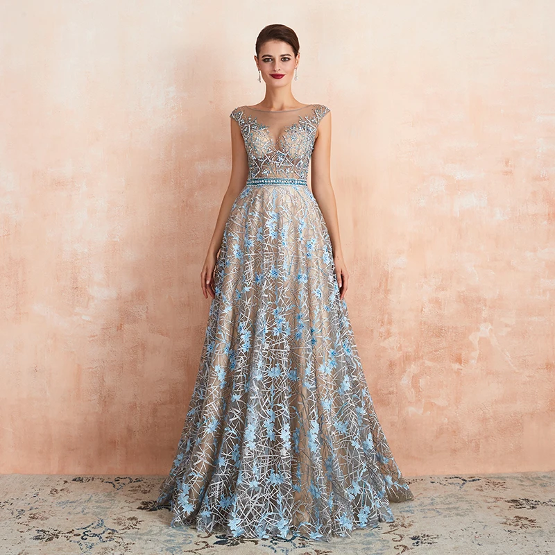 

Charming A Line Lace Evening Dress Beads Sheer Neck Elegant Appliques Formal Women Illusion Wedding Party Gowns