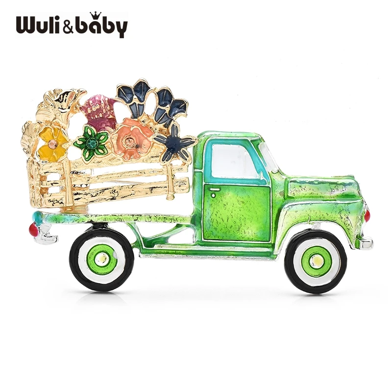 Фото Wuli&baby эмалированные цветы на зеленых грузовиках, броши, металлический значок, подарок для детей и семьи, ювелирные аксессуары, булавка №1