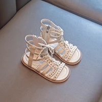 girls roman shoes 2022 hollow kids fashion side zip cute open toe summer simple sweet princess sandals children versatile beige