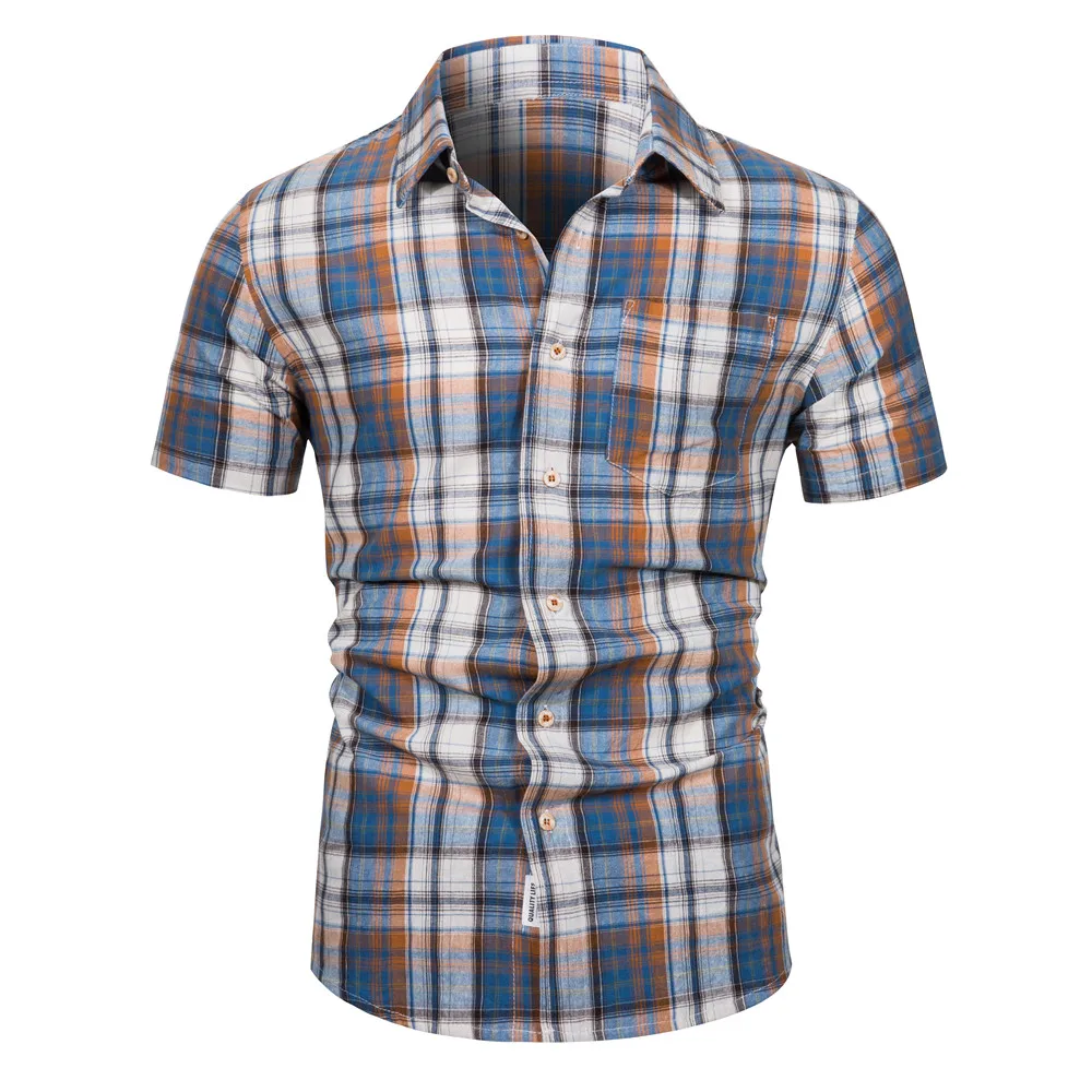 

Mens Cargo Shirts Summer Short Sleeved Shirt Single Breasted Cotton Plaid Shirt Male Smart Casual Retro Motorcycle Shirt US Size
