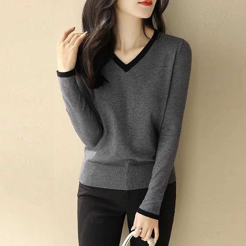 

Vintage V-neck Thin Sweater Women Korean Patchwork Knitted Tops Elegant OL Base Knitwear Fall Long Sleeve Elastic Loose Pullover
