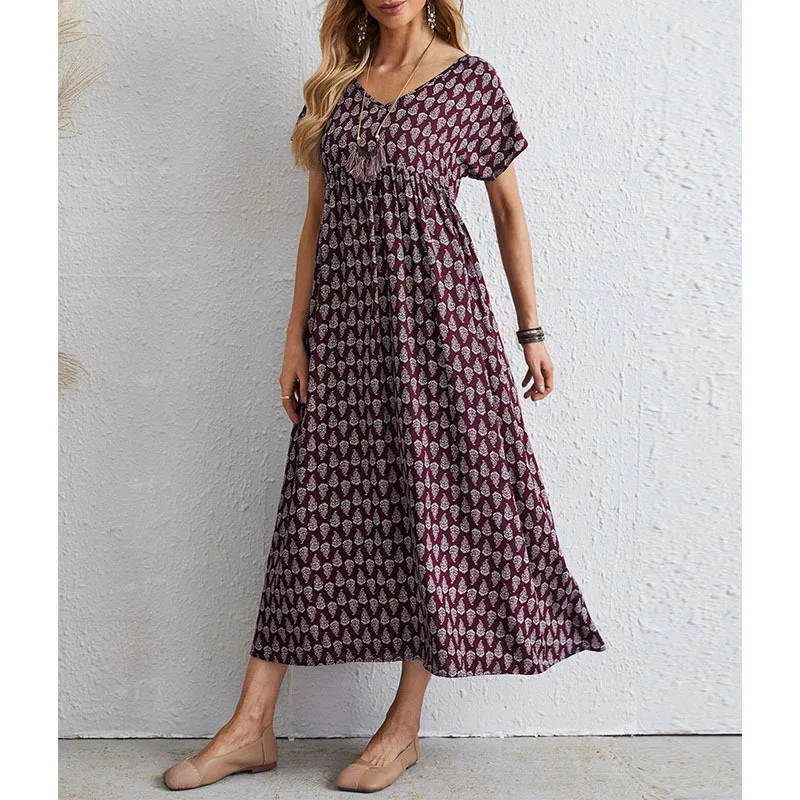 

Long Print Dress for Women Short Sleeve V Neck Maxi Dress with Pocket Casual Women Clothing 2023 Summer Dresses