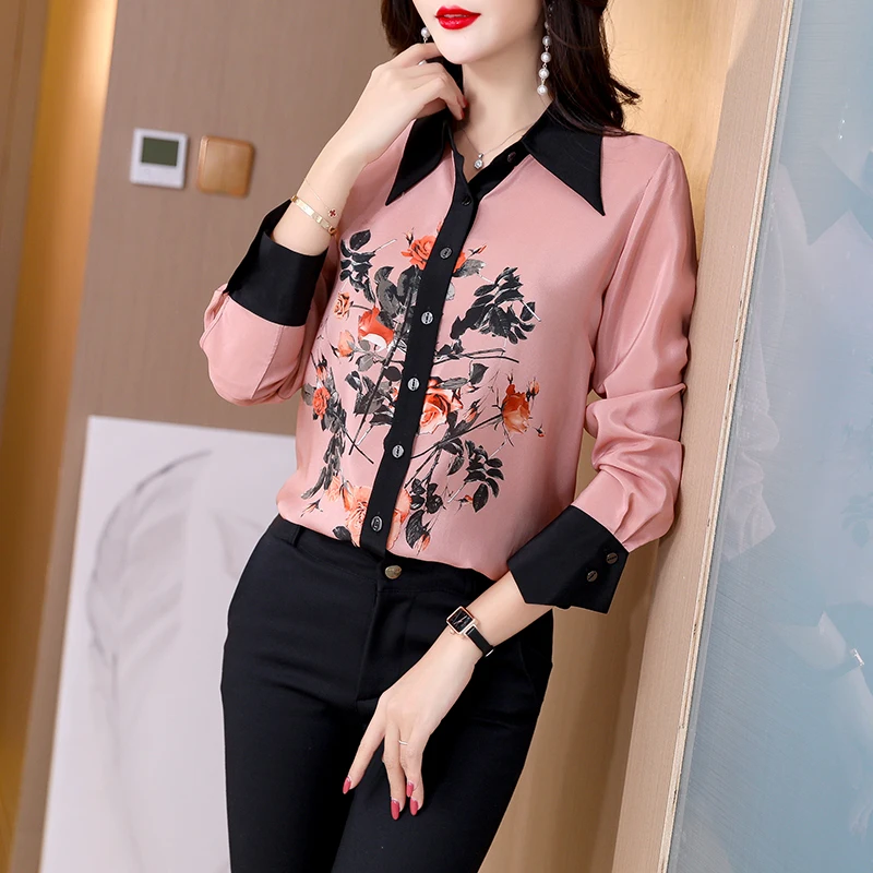 

Satin Loose Women's Blouse New Fashion Printing Buttons Polo Shirt Long Sleeve Top Lady Clothing