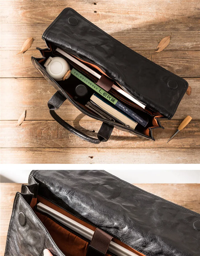 Vintage Casual High quality natural genuine leather men's black handbag Outdoor work laptop office real cowhide briefcase