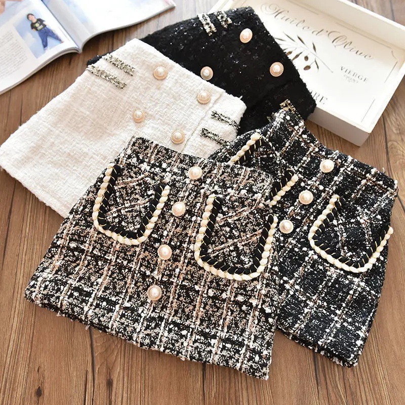 

Осенне-зимние юбки для девочек, осенне-зимняя клетчатая детская одежда с жемчужными пуговицами, Корейская элегантная детская одежда, детская мини-юбка