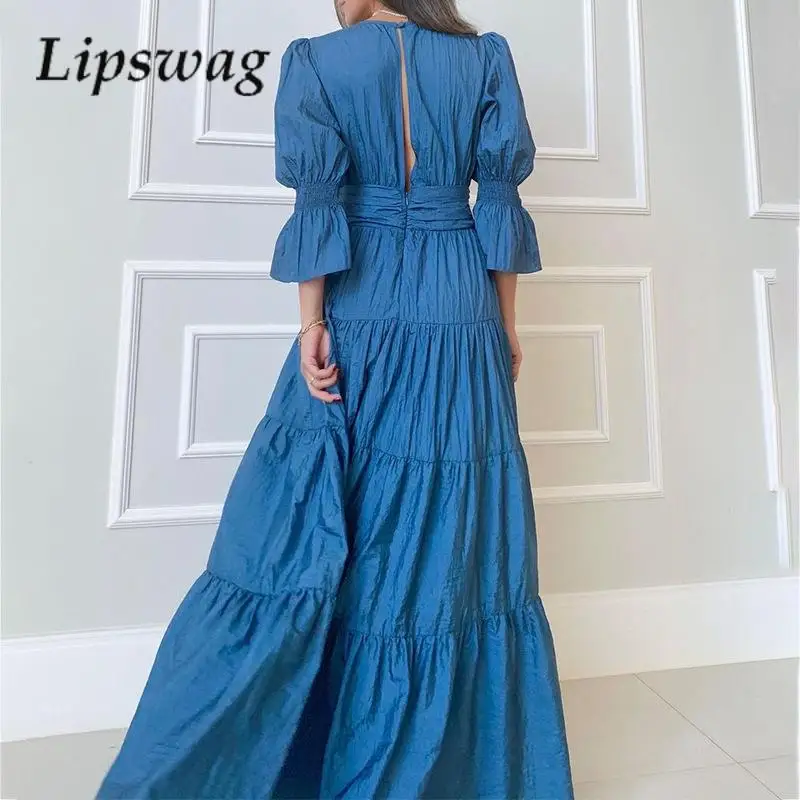 Elegant Solid Color Party Dress Women 2023 Fashion Three Quarter Sleeve Pleated Dress Office Lady Sexy V-Neck High Waist Dresses