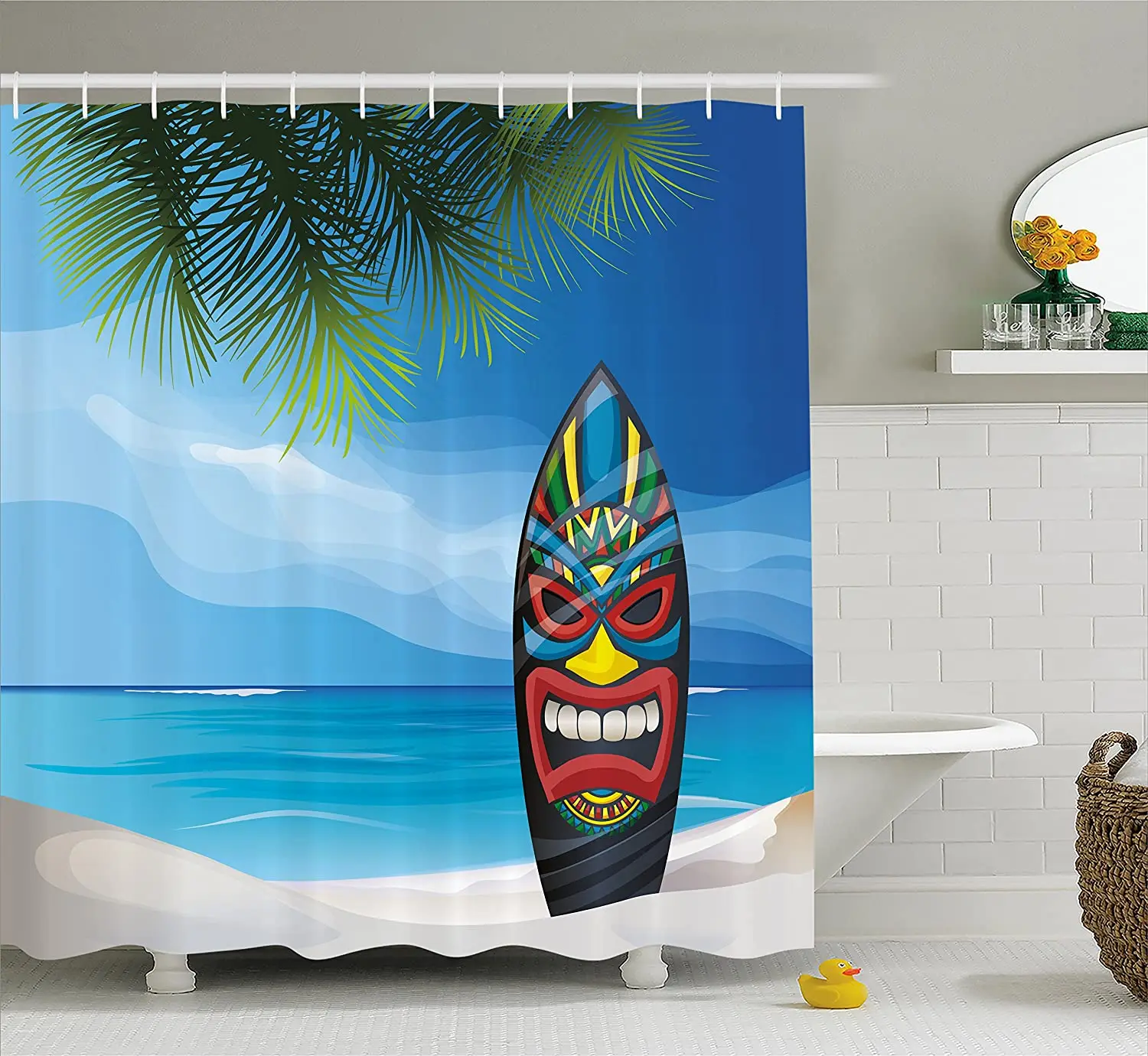 

Tiki Bar Decor занавеска для душа s Tiki Warrior маска дизайн доска для серфинга на океане пляж абстрактный пейзаж для серфинга занавеска для ванной