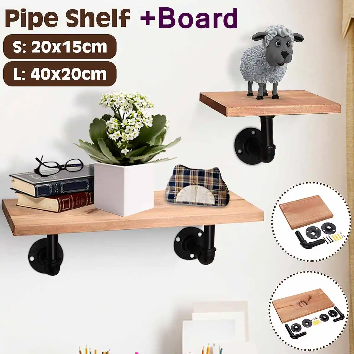 

Retro Wood board Black Iron Industrial Pipe Shelf Bracket Holder Rack DIY Wall Floating Shelf Home Office Decor Storage Holders