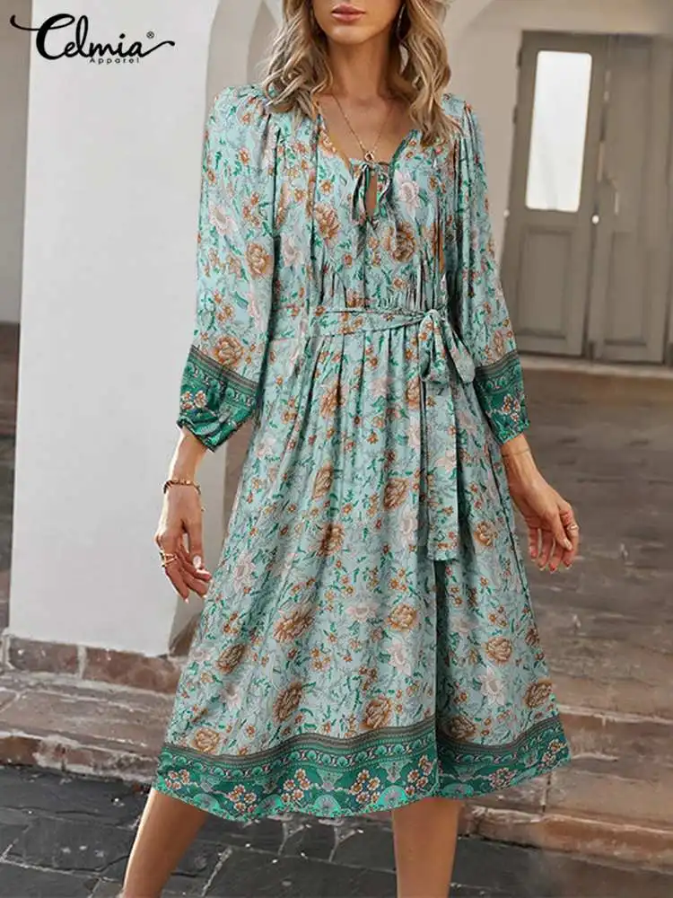 

Celmia Summer Women Knee-length Dress Vinage Bandage Waist Dress Bohemian 3/4 Sleeve Floral Sundress Casual V Neck Lace Up Robe