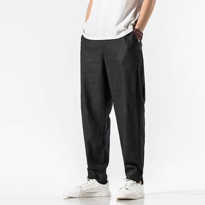 

Повседневные брюки в Корейском стиле, мужские брюки 2022 из хлопка и льна, модные брюки с широкими штанинами, мужские свободные прямые винтажные спортивные брюки 4XL