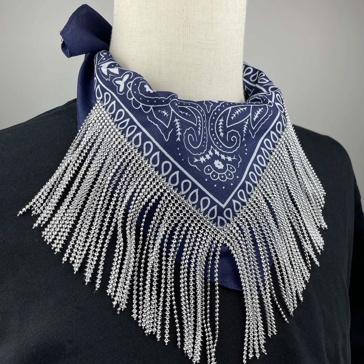 

Women Rhinestone Fringe Bandana Paisley Print Embellished Triangle Scarf Bachelorette Beach Party Gift