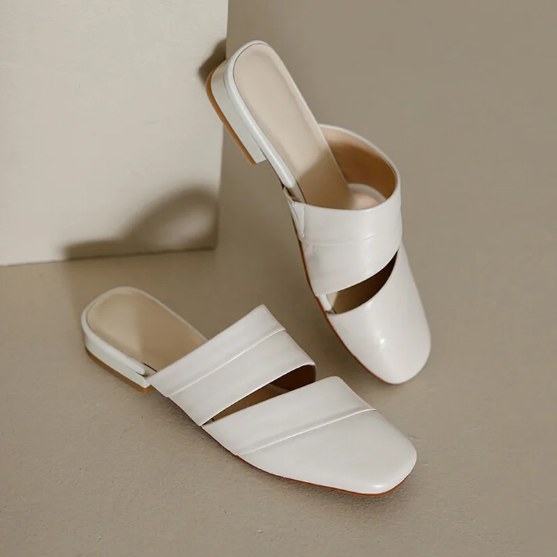 Concise Soft Leatherette Mules Woman Summer Elegant Low Heel Slide Sandals Ladies Twill Hollow Design Outdoor Flat Slipper Shoes