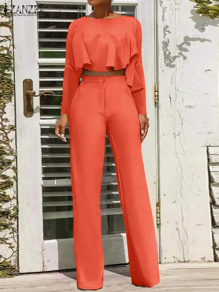 

Комплект брюк ZANZEA женский с длинным рукавом, ассиметричный топ с оборками и широкие брюки с завышенной талией, шикарный пикантный однотонный костюм из 2 предметов, осень 2023