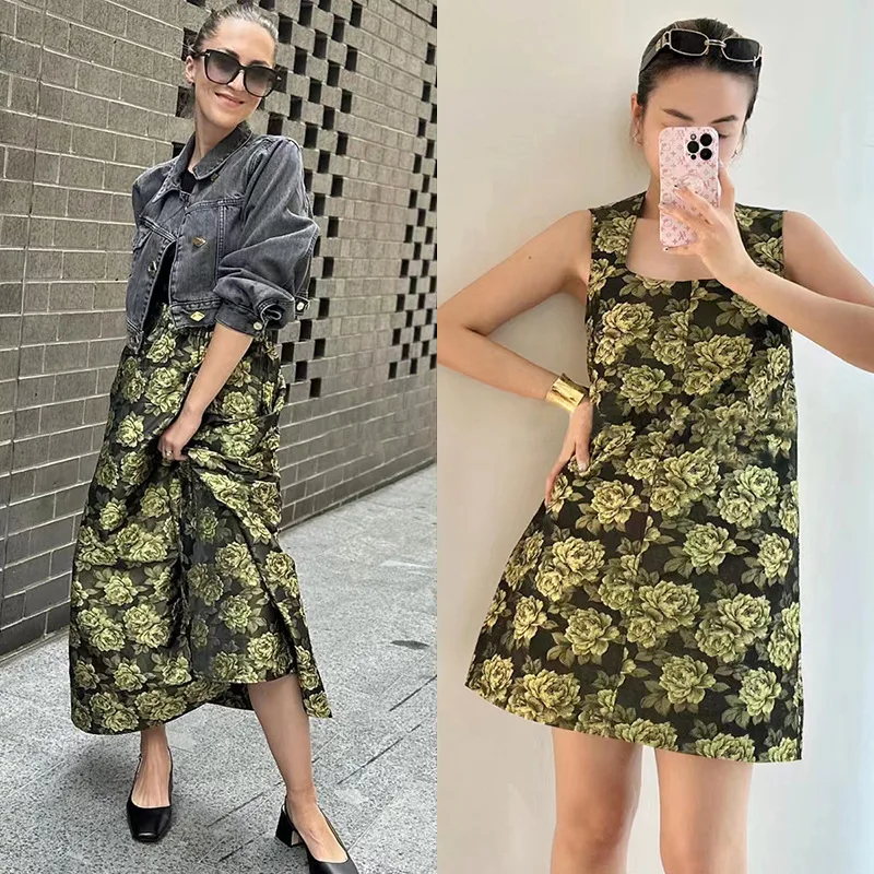 2023 Summer Jacquard Texture Square Neck Sleeveless Dress / Same Style Skirt for Women