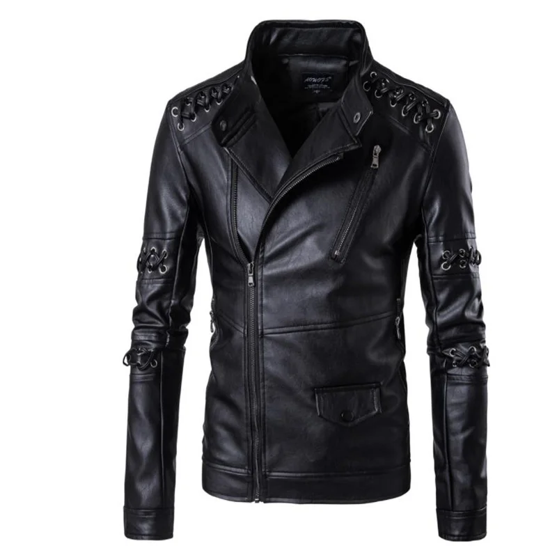 

Mens Leather Jacket Slim Motorcycle Coat Braided Rope Stand Clothes Personalized Jaqueta De Couro Stage Street Fashion