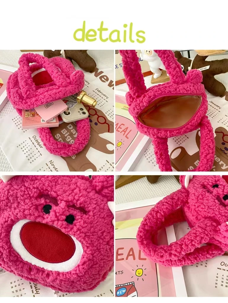 Korean Cute Lamb Flannel Bag 2022 Autumn And Winter Strawberry Bear Cartoon Bag Children's Casual Portable Going Out Handbag