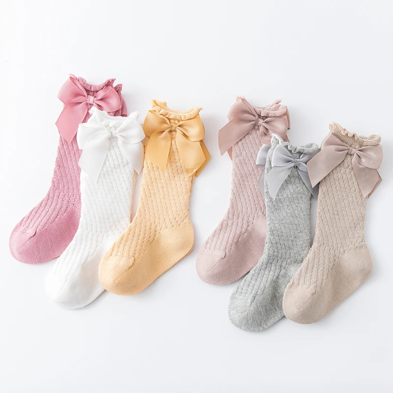 

2023 New Summer Girls Kids Socks Spanish Style Big Bows Breathable Mesh Cotton Children Knee High Sock Born Tube Socks For 0-5y