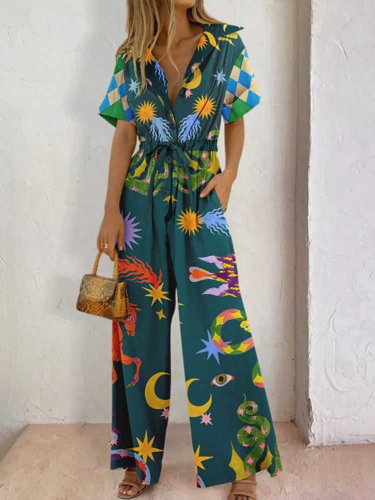 

Lace-Up Fashion Playsuits Women Summer V-Neck Printed Elegant Bodysuits Loungewear Short Sleeve Thin Ladies Jumpsuits Streetwear