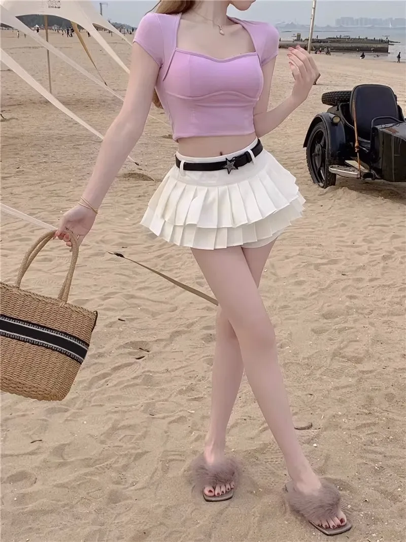 

2023 Solid Color Summer High Waist Mini Skirt Woman Slim Casual Korean Version Pleated Skirt