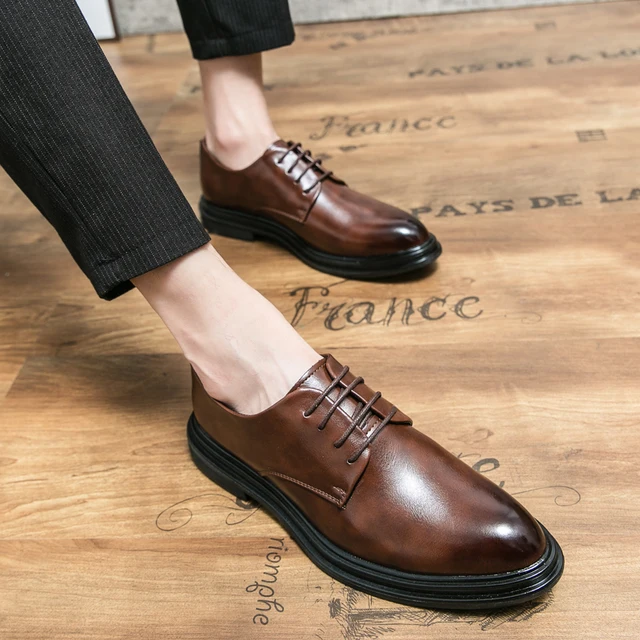 Derby Shoes Men PU Leather Shoes Solid Color Lace-up Thick Bottom Round Head Comfortable Business Dress Shoes 1