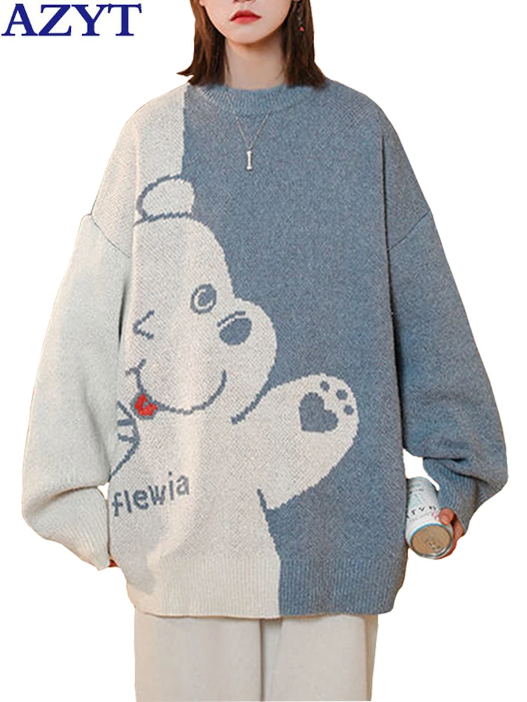 

AZYT Cartoon Print Sweater Women Pullovers Autumn Winter O Neck Knit Jumpers Female 2022 Korean Fashion Knitwear Sweater