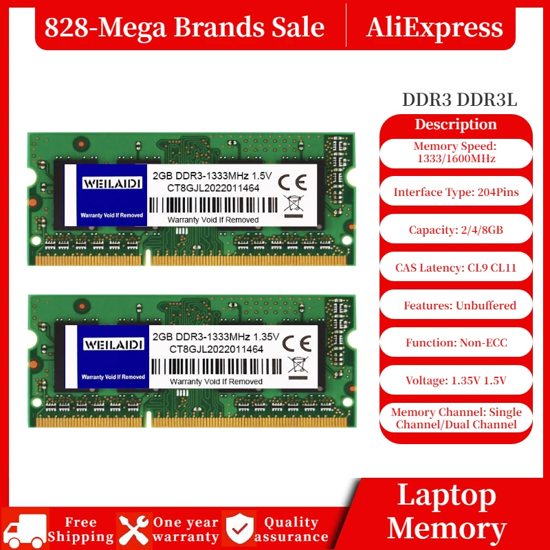 

DDR3 Ram Memory 2G 4GB 8GB 1333MHZ DDR3L PC3-10600S 1600MHZ 12800S Laptop Notebook 204pin 1.35V 1.5V SODIMM CL11 Unbuffered