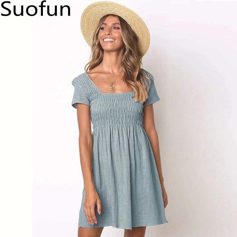 

Casual A-Line Solid 2022 New Hot Sale Women's Cotton Skirt Beach Square Collar Short Sleeve Summer Ladies Dresses
