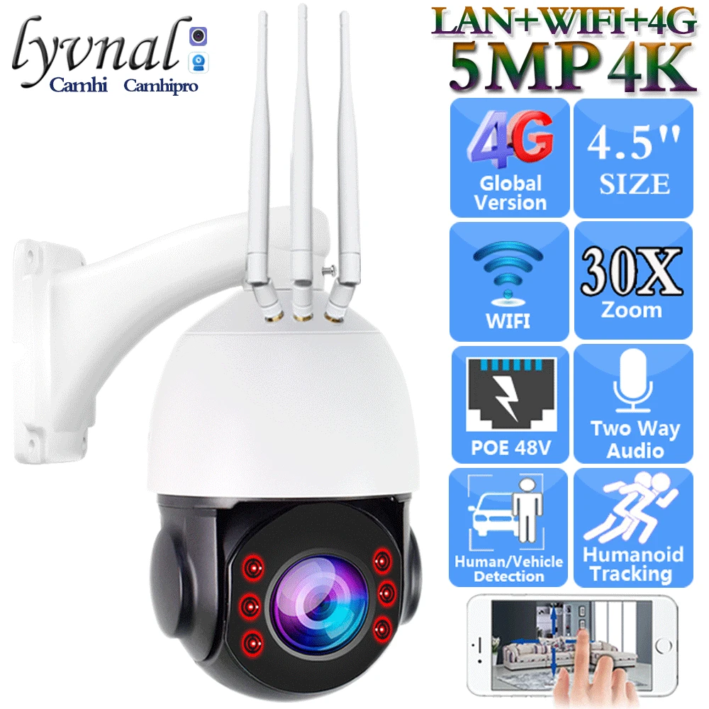 UHD 4K 8MP 3G 4G SIM Card Security IP Camera Wifi Sony335 5MP POE 48V PTZ Dome 30X Auto zoom Two Way Audio Humanoid Tracking 