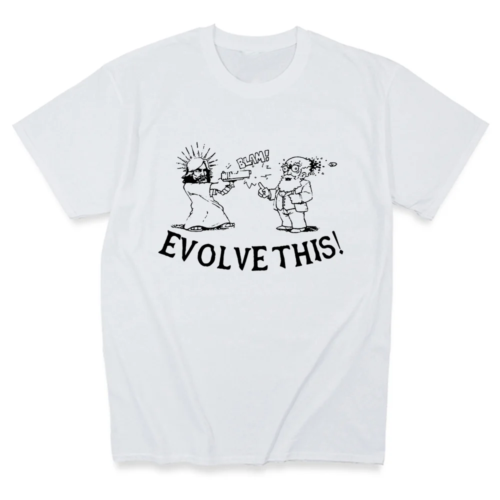 

New Paul Movie Evolve This! Jesus Shooting Darwin T-Shirt Summer Hip Hop Print Tshirts Streetwear Boyfriend Gift Funny T Shirts