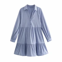2021 fashion vintage elegant button pleated mini dress za women turn down collar long sleeve dresses female chic vestidos blue