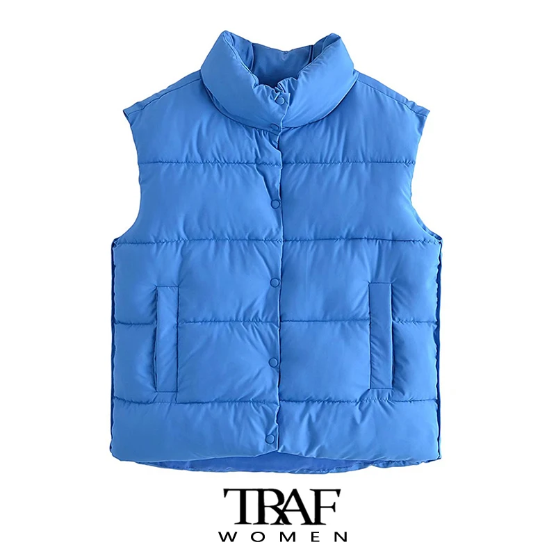 

TRAF Women Fashion Loose Snap-button Padded Waistcoat Vintage High Neck Sleeveless Welt Pockets Female Outerwear Chic Tops